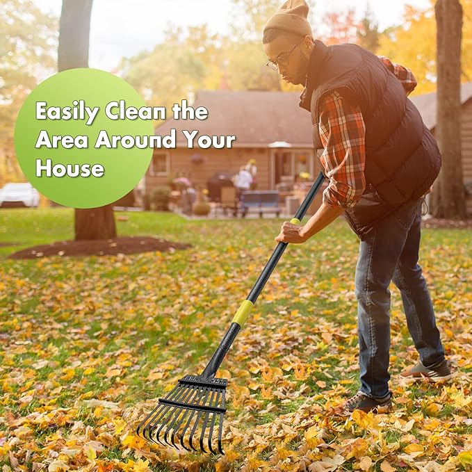 INFLATION Garden Rake for Leaves Sturdy Metal Small Yard Leaf Rakes for Lawns 60” Length 8.5 Inch Width 11 Tines for Women Men Kids Lightweight with Non-Slip Comfortable Smooth Long Handle
