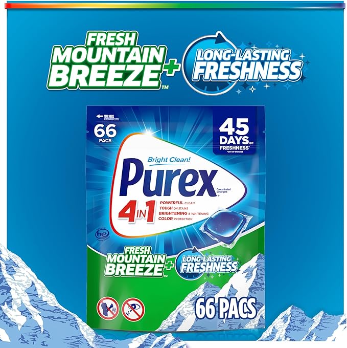 Purex Fresh Mountain Breeze Laundry Detergent Pacs, 66 Count, Pre Measured Pacs