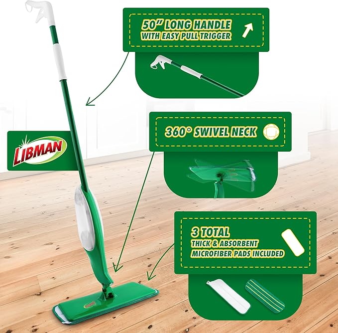 Libman Freedom Spray Mop Kit, Microfiber Wet Mops for Floor Cleaning, Hardwood, Laminate, Tile Cleaner, Household Tool, 24 Oz Solution Tank, Two Extra Replacement Refill Heads Included