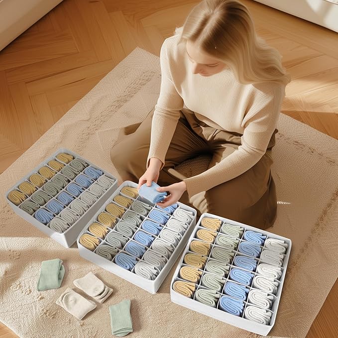 Sock Organizer 4 Pack, 24 Cell Foldable Underwear & Sock Storage, Drawer Organizer for Ties, Belts. (White)