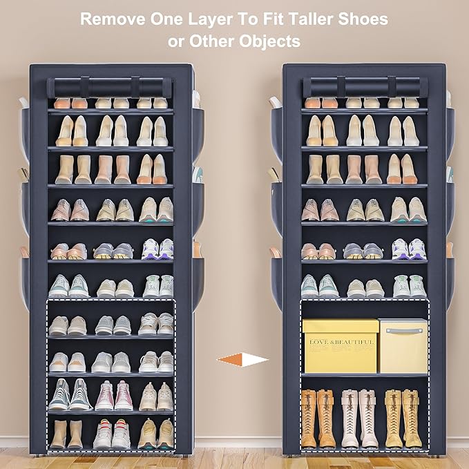 OYREL Shoes Rack 10 Tier Tall Shoe Rack with Storage Pockets, Fabric Covered Shoe Racks,Metal Shoes Rack Organizer for Closets,Bedroom, Garage