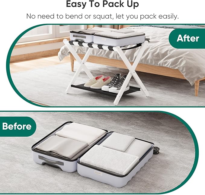 Smuxee White Bamboo Luggage Rack Pack of 2, Foldable Suitcase Stand with Storage Shelf, Easily Assembled Luggage Stand with 5 Nylon Straps for Guest Room Bedroom Hotel