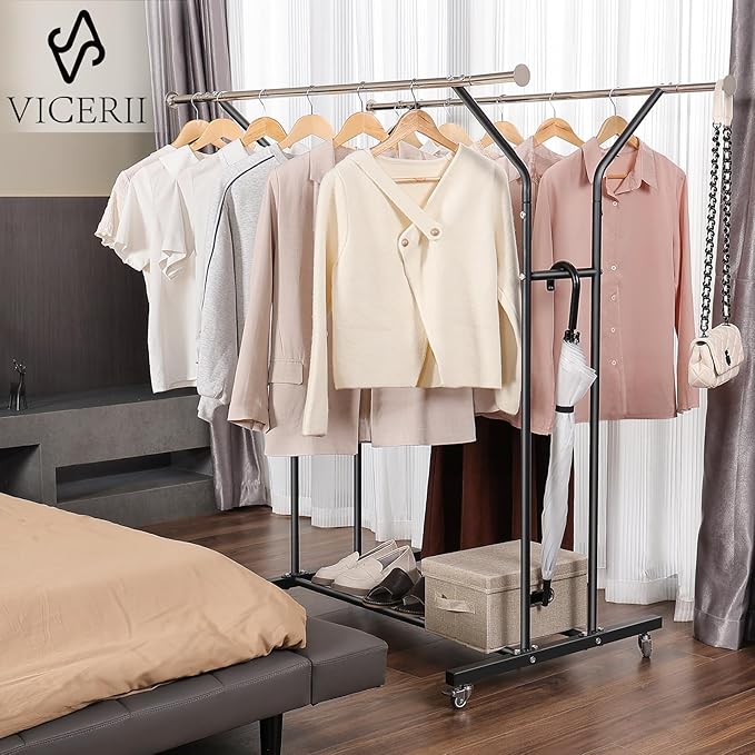 VICERII Clothing Rack, Heavy Duty Clothes Racks with Wheels and Bottom Shelf, 52.36’’ Metal Double Clothing Racks with Wheels, Wardrobe Rack for Hanging Clothes, Coats, Shirts, Skirts, Dresses, Black