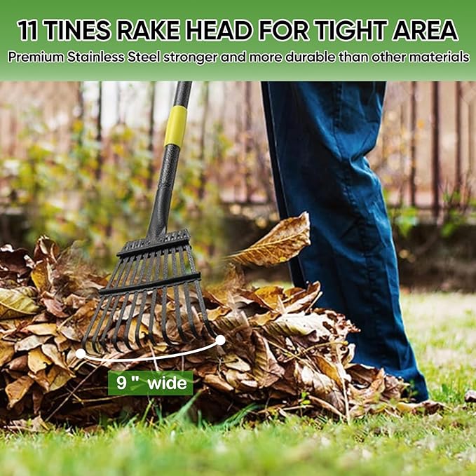 Garden Leaf Rakes, 6FT Rakes for Lawns Heavy Duty 11 Metal Tines 9 inch Wide, Adjustable Long Steel Handle, Small Shrub Rake, Gathering Leaves (Black)