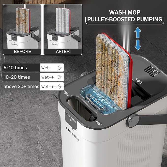 Mop and Bucket Set, Flat Mop and Bucket System with Separate Dirty and Clean Water, 3-Compartment Wall Cleaner Mop, Flat Mops for Floor Cleaning with 6 Microfiber Pads