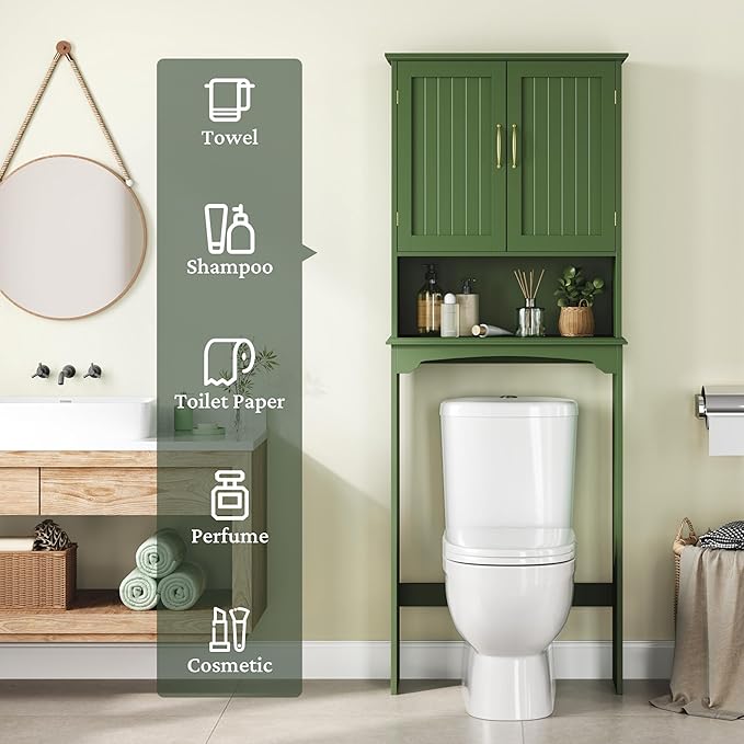 Yaheetech Over The Toilet Storage Cabinet, Over Toilet Cabinet with Adjustable Shelf, Bathroom Storage Organizer with Double Wood Doors, Green