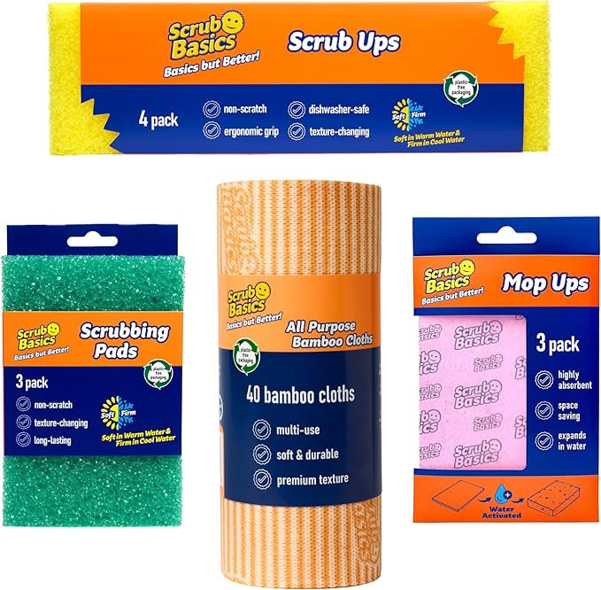 Scrub Basics 4 Piece Bundle - 4 Scrub Ups Sponges, 3 Scrubbing Pads, 3 Mop Ups Absorbent Sponge Cloths & 1 Roll (40 Sheets) All Purpose Bamboo Cloths - Non Scratch for Kitchen, Cleaning & Washing Up