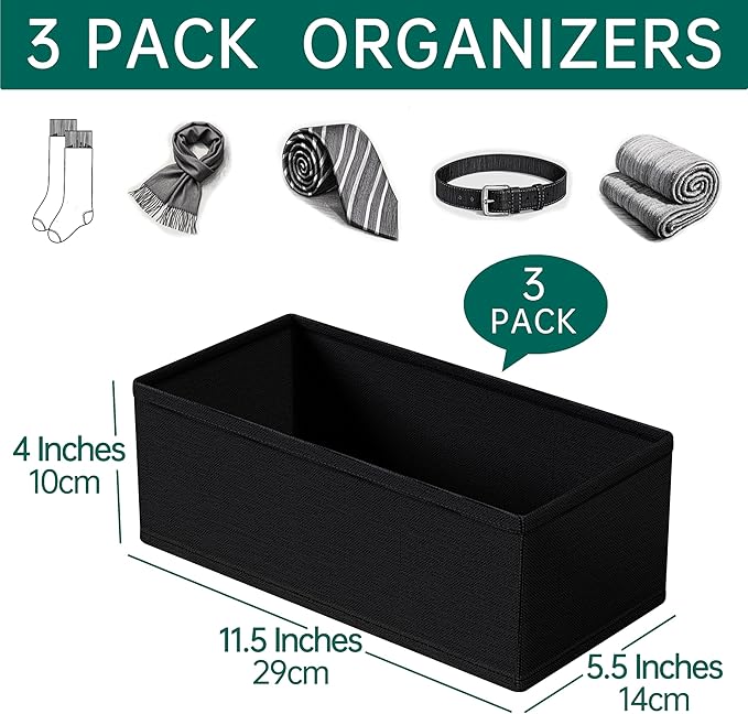 3 PACK Drawer Organizer Clothes，drawer Divider， Dresser Drawer Storage for Sock, Underwear, Bra，Panties，Belt, Tie, Stockings, Leggings & Accessories (Black)