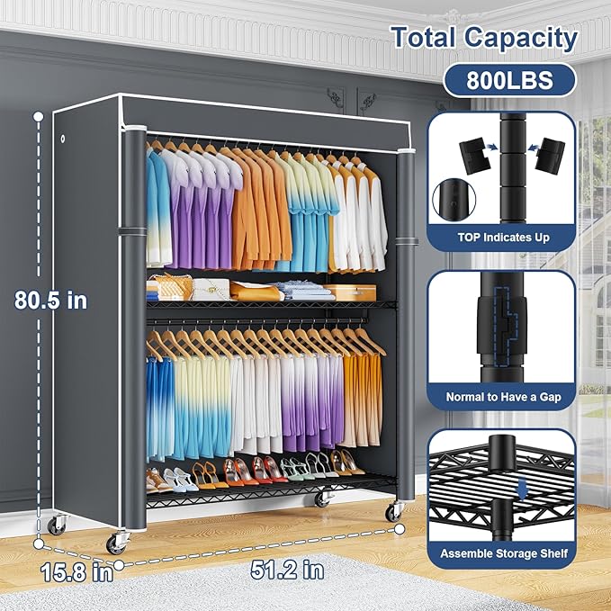 ULIFHOME P8C Max Heavy Duty Clothes Rack（With Extended Width Design） Rolling Clothing Racks for Hanging Clothes with Lockable Wheels，51.2" W x 15.8" D x 80.5" H，Load 700LBS，Black Rack with Grey Cover