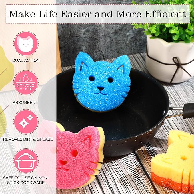 3 Pcs Dual Sided Scrub Sponge Multi Functional Cute Temperature Sensitive Non Scratch Dish Sponge for Washing Dishes Kitchen Bathroom(Cat,Pink, Orange, Blue)