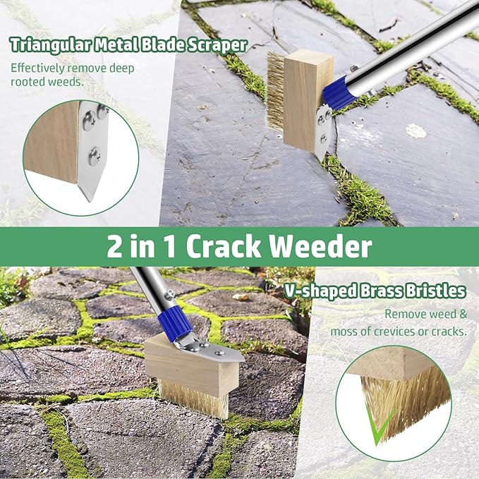 Crack Weeder Tool Long Handle, 60" Garden Tool for Weeding Between Pavers, 3 in 1 Hand Weed Scraper and Weed Brush Set, Manual Crevice Weed Remover Tools for Paver, Sidewalk, Driveway Crack, Patio