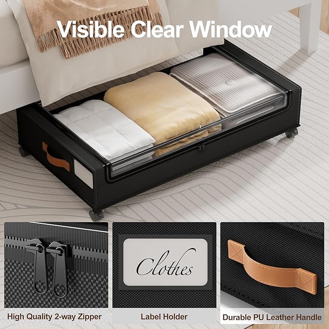 LAMU Under Bed Storage with Wheels, 4 Pack Under Bed Storage Containers with Clear Lid, XXL 60L Underbed Storage Bins, Rolling Under Bed Metal Drawers for Clothes, Blankets, Shoes, Black