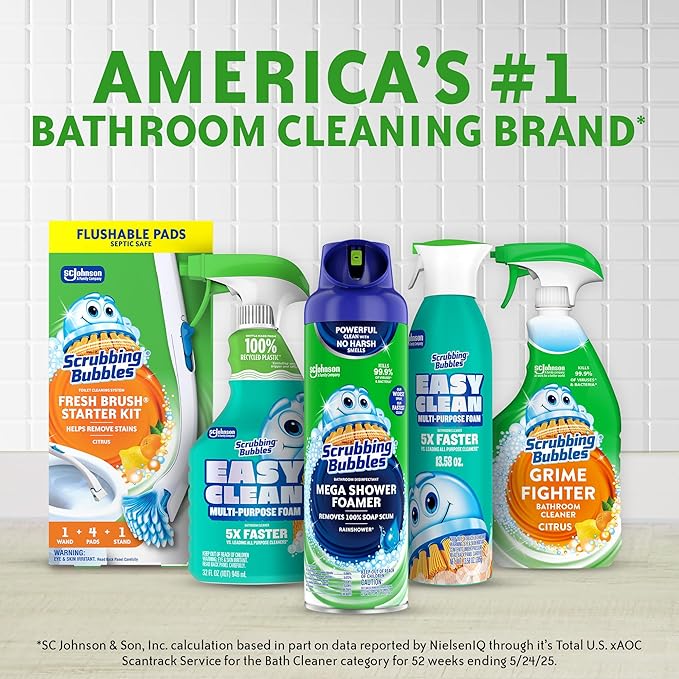 Scrubbing Bubbles Fresh Gel Toilet Bowl Cleaning Stamps, Helps Keep Toilet Clean and Helps Prevent Limescale & Rings, Rainshower Scent, 1 Dispenser with 24 Fresh Gel Stamps