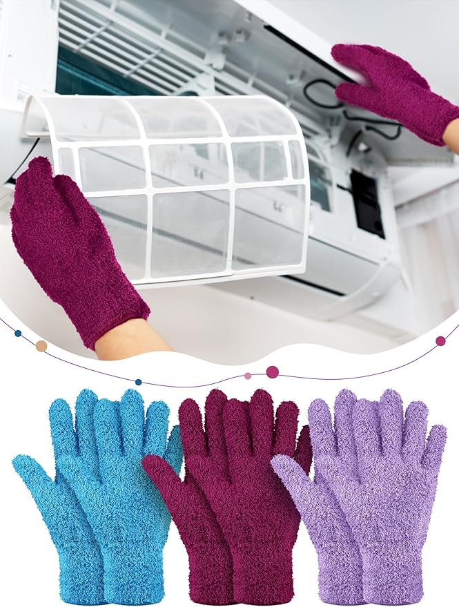Patelai 3 Pairs Microfiber Plant Dusting Gloves Leaf Cleaning Gloves for Indoor Plants, Blinds, Furniture, House (Reddish Violet,Blue,Purple,Medium)