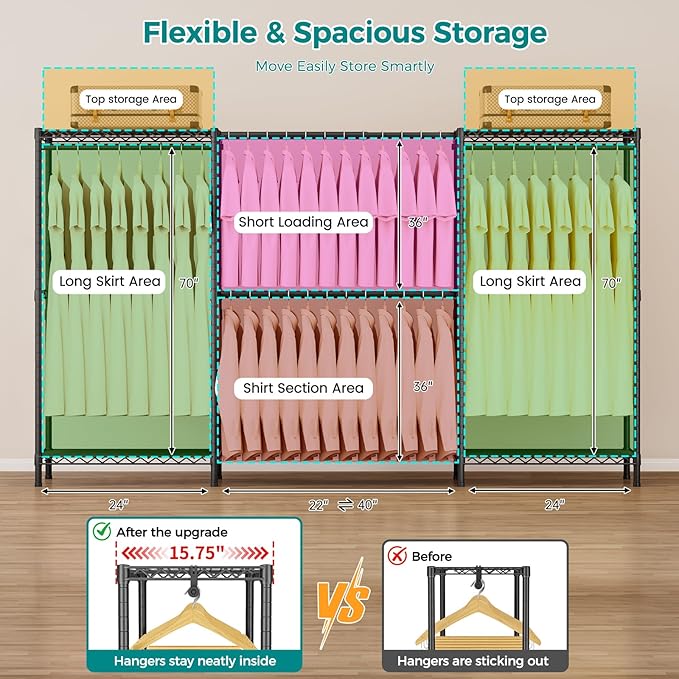 SINGAYE Clothes Rack Portable Closet Coat Wardrobe Heavy Duty Clothing Racks System Organizers and Storage for Hanging Clothes Garment Rack Adjustable with Shelves 15.8" D*(77-88) W*76.5" H Black