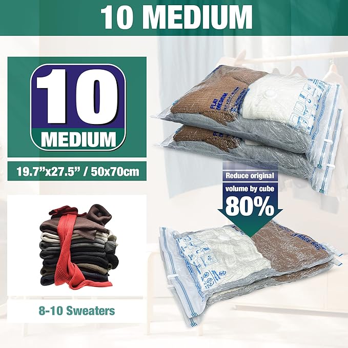 Vacuum Storage Bags, 10 Medium Space Saver Vacuum Seal Bags, Space Bags, Vacuum Sealer Bags for Clothes with Travel Hand Pump (10M)