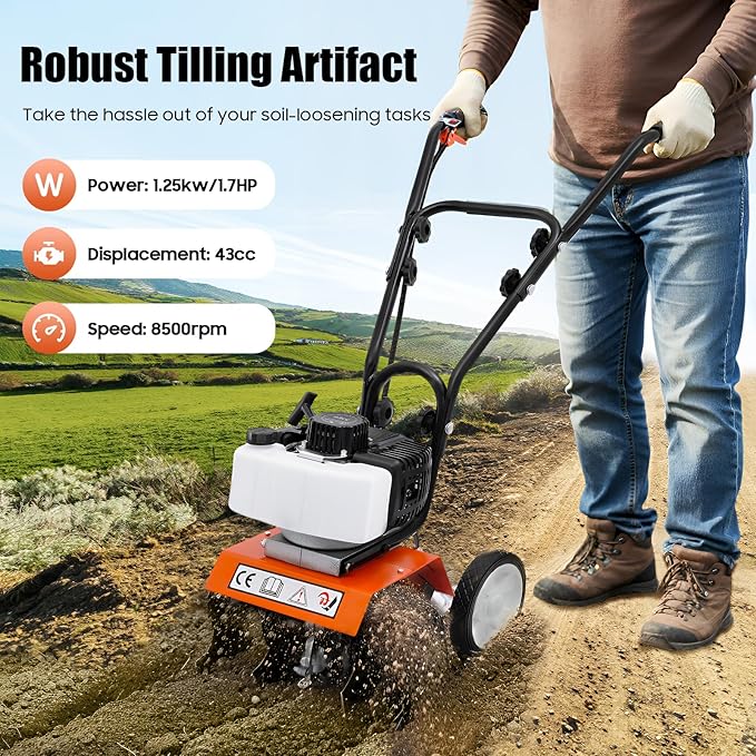 Rototiller Gas Powered, 43CC 2-Cycle Garden Tiller, Mini Tiller for Gardening with 4 Steel Adjustable Front Tines for Lawn, Garden and Field Soil Cultivation, Furrowing