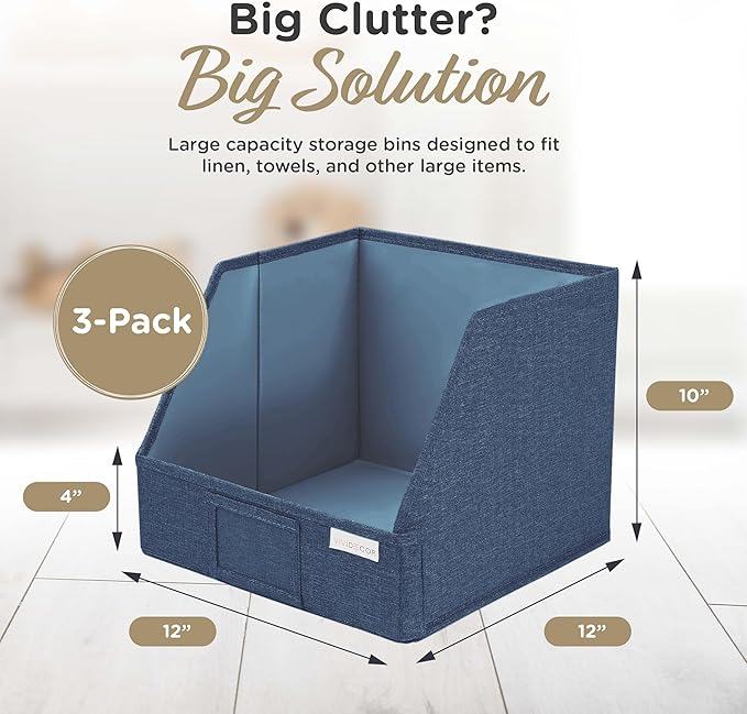 Trapezoid Storage Bins – 12x12x10 Fabric Storage Baskets, Collapsible Easy-Access Organiser Boxes for Baby Clothes, Kids Room Organizer – Navy Blue, 3 Pack