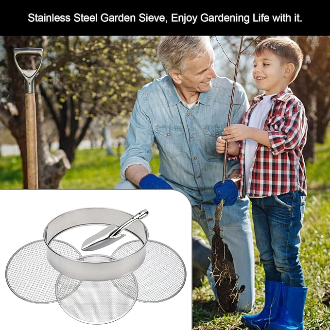 Soil Sieve Stainless Steel Riddle Sieve Set Garden Potting Sieve, 12" Diameter, with 5 Filter Mesh Sizes 3,6,9,10,12mm and Shovel