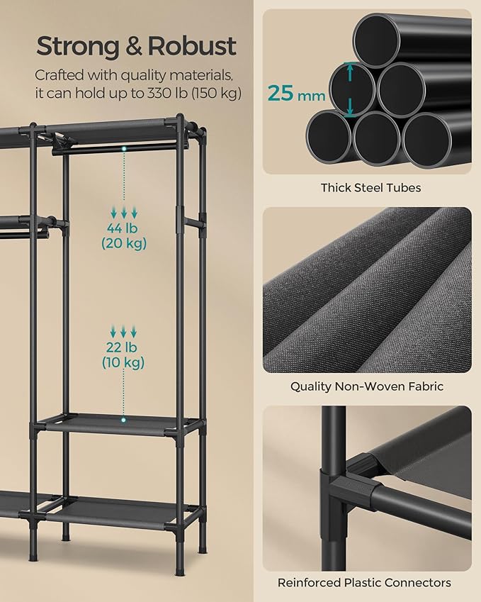 SONGMICS Clothes Rack,72 Inch Large Capacity Portable Closet, Heavy Duty Wardrobe Closet Organizer with Hanging Rails and Shelves, Total Load 330 lb, Easy Assembly, for Bedroom, Black URDR211B01