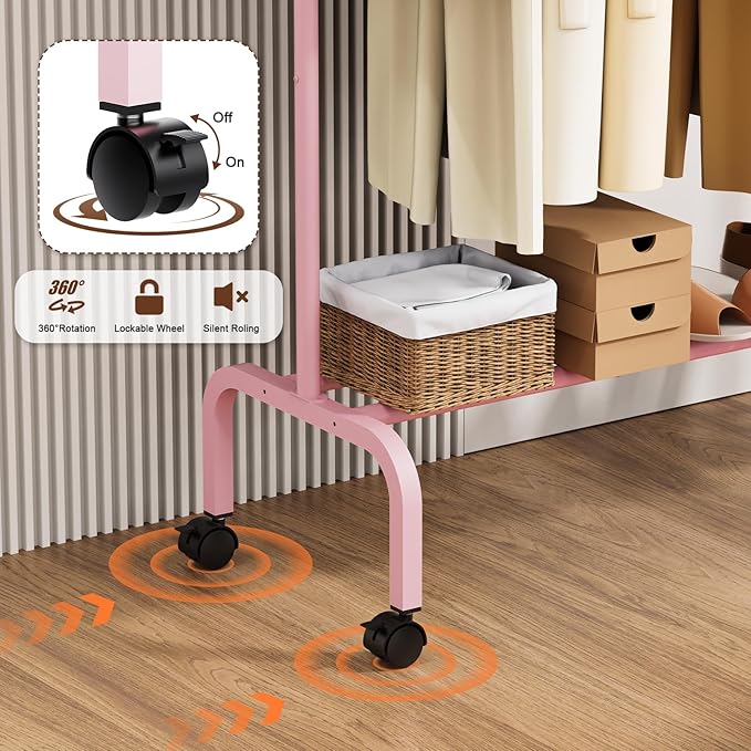 STARLATTA Rolling Clothing Racks for Hanging Clothes, Garment Rack for Clothes to Hang, Metal Portable Wardrobe Rack for Coats, Jackets, Shirts, Dress,Pink