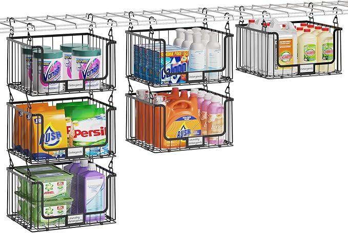 3-Pack Hanging Laundry Organizer, Stackable Wire Shelf Storage with Label Cards, Foldable Metal Baskets with 360 Rotating Hooks, Space-Saving for Laundry Room, Closet & Pantry, 11"15" Large, Black