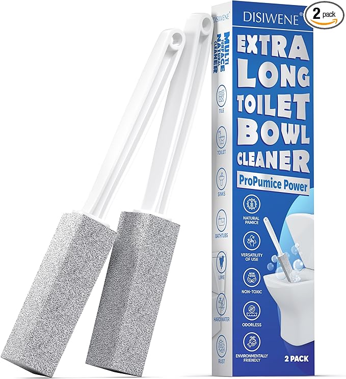 DISIWENE Pumice Cleaning Stone with Handle Toilet Bowl Cleaner Hard Water Ring Remover for Bath/Pool/Kitchen/Household Cleaning (2, 2 Pack with Extra Long Handle)