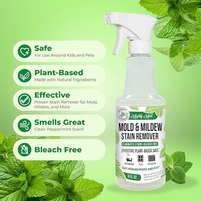Mighty Mint Mold & Mildew Stain Remover Spray, Rapid Clean for Bathroom, Kitchen, Hard Water, Outdoors, Natural Peppermint Scent, 16oz