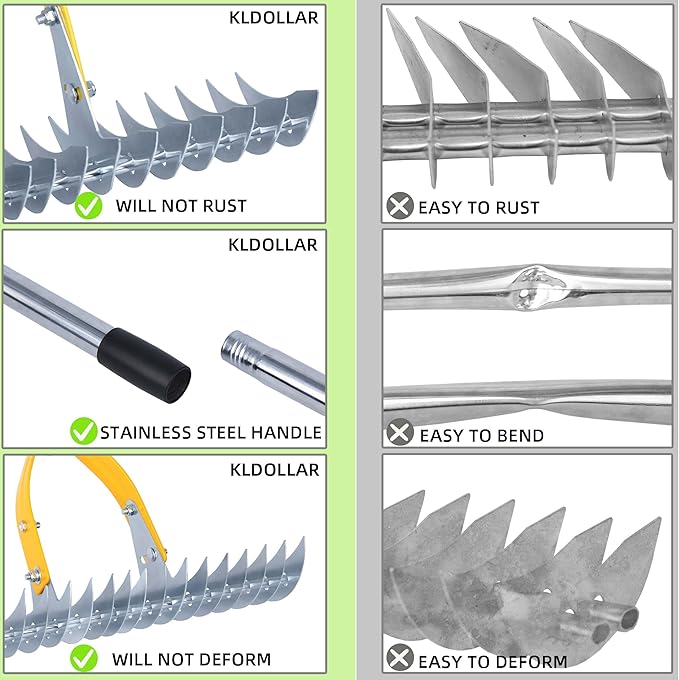 Thatch Rake 15 Inch Wide Efficient Dethatcher Rake for Cleaning Dead Grass, Combs Turf & Loosens Soil, Steel Metal Grass Rakes with Stainless Steel Handle Versatile Leveler &Cleans for Garden