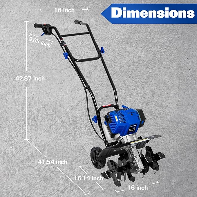 BILT HARD 46cc 4-Cycle 1.9HP Gas Powered Tiller Cultivator - 16" Heavy-Duty Steel Tines Rototiller, Adjustable Wheels & Cushioned Handle Grips for Plowing, Tilling, Weeding in Garden, Farm