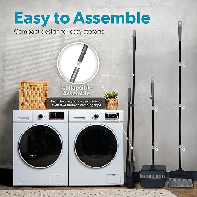 BLACK+DECKER Butler Broom & Dustpan Set - Stand-Up Design - Lightweight, Space-Saving Combo for Kitchen, Living Room, Bathroom, Lobby Floors - Home Cleaning Essential, Black/Grey