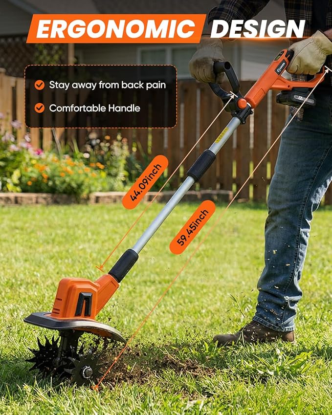 Saker 22V Cordless Electric Garden Tiller Cultivator, Rototiller for Gardening with 3 Adjustable Speed, 9-Inch Tilling Width, 6.3-Inch Depth for Soil Preparation, Weeding, and Gardening SK-TC18A