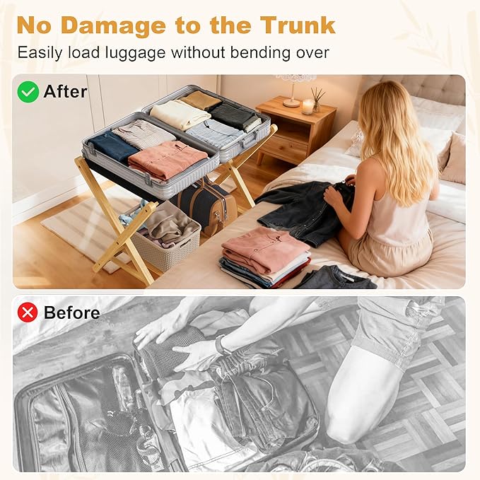 26.77"L Luggage Rack, Natural Luggage Rack for Guest Room, Bamboo Folding Suitcase Stand with Storage Shelf, 5 Nylon Straps, Heavy Duty Luggage Holder for Bedroom Hotel, 1 Pack, Gift Box Packaging