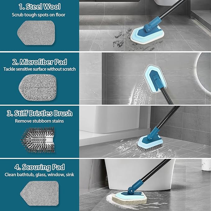 JEHONN Tub Tile Shower Scrubber Brush with Telescopic 51 inches Long Handle, 4 Different Cleaning Heads for Bathroom Bathtub Sink Floor Wall Baseboard (Blue)
