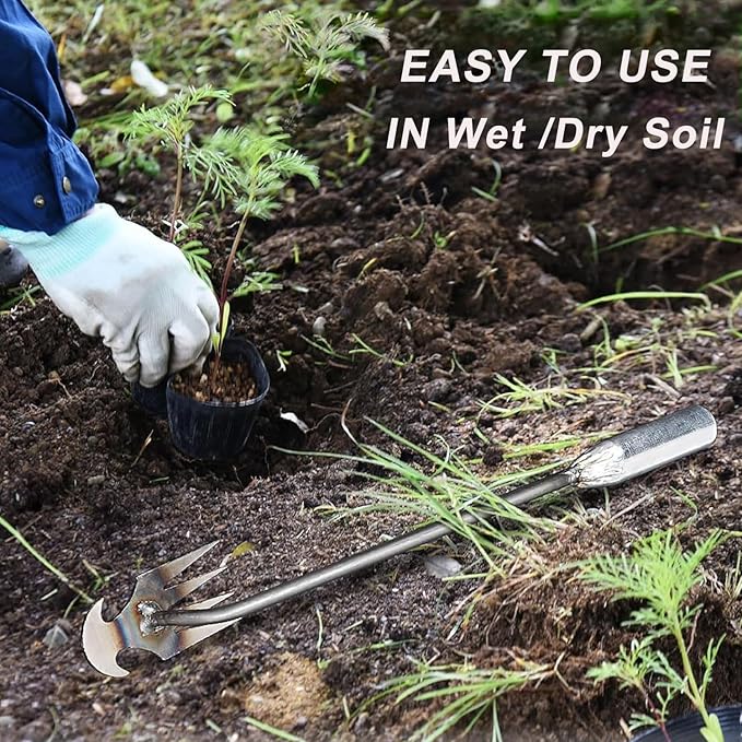 Weed Puller Tool Garden Uprooting Weeding Tool,2025 New Portable Garden Weeding Tool,15.7in Weeder Tool, 4 Teeth Weeding Artifact Uprooting Weeding Tool (Silver)