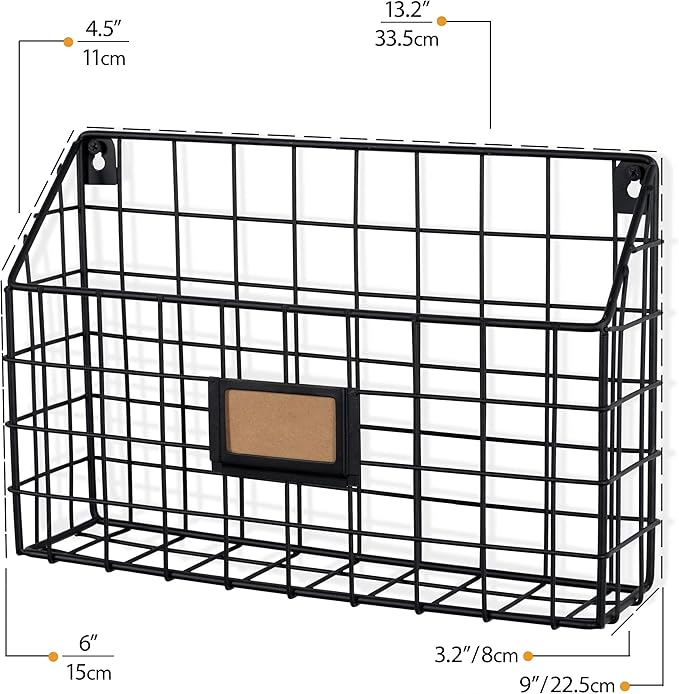 Wall35 Rivista File Holder Home Office Desk Organizer, Wall Mounted Wide Chicken Wire Mail Organizer and Magazine Holder, Metal, Black