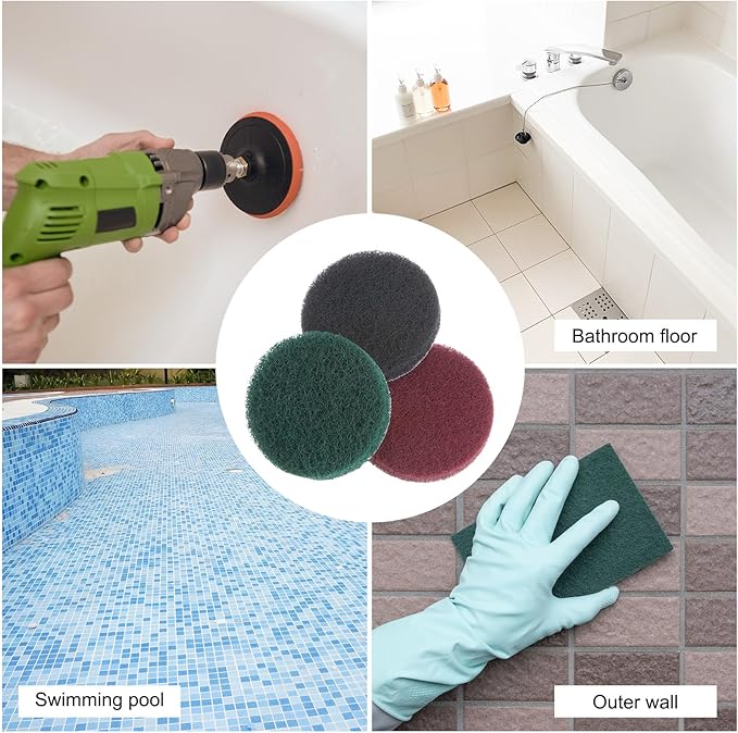 HARFINGTON 6pcs Drill Power Brush 3 inch Tile Scrubber Scouring Pads 180-240 Grit for Bathroom Kitchen Household Cleaning