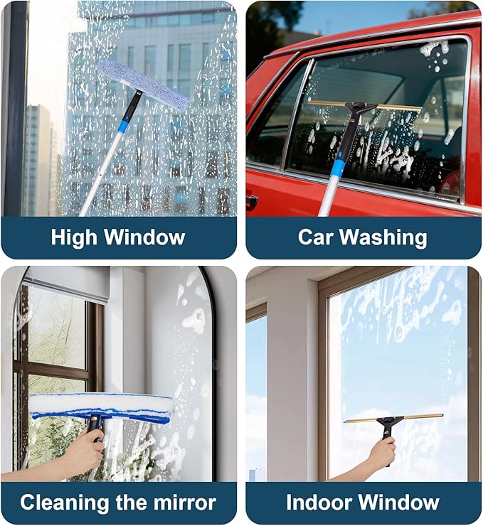 Window Cleaning Kit,Swivel Squeegee & Scrubber with Extension Poles,Foldable Bucket,Blendable Duster,2 Scrubber Pads & Cleaning Cloth, Glass Scraper Cleaning Tool Kit for Window Glass Mirror Car