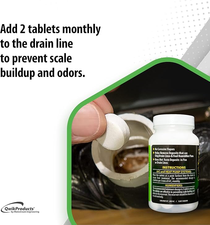 QwikTreat Condensate Pan AC Drain Line Tablets, AC Drain Line Cleaner, Remove HVAC Pipe Clogs and Control Odors for Effective Maintenance, 100 Tabs