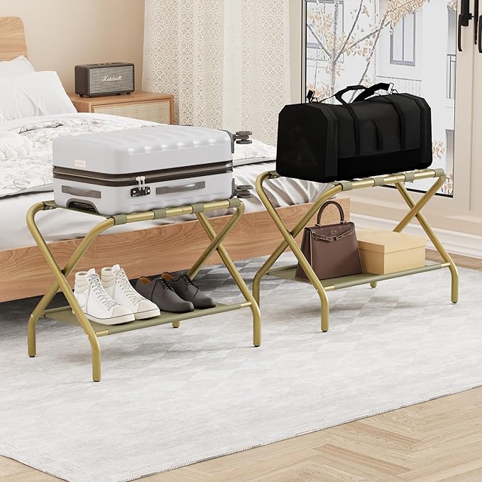 Smuxee Gold Luggage Rack Pack of 2, Foldable Suitcase Stand with Fabric Storage Shelf, Luggage Holder with 4 Nylon Straps for Hotel Guest Room Bedroom