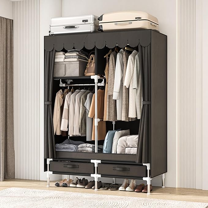 Portable Wardrobe Closet for Bedroom, Small Storage Organizer with 2 Drawers and 2 Hanging Rods, Includes Dust Cover.(Brown, 39.3 in)