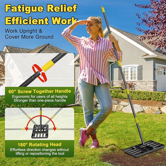 Lawn Leveling Rake, Heavy Duty 17" x 10" Stainless Steel Lawn Leveler for Soil Dirt Leveling Spreading,72" Adjustable Long Handle,Golf Field,Lawn,Tight Spot Landscaping Tool,Ground Leveler for Yard