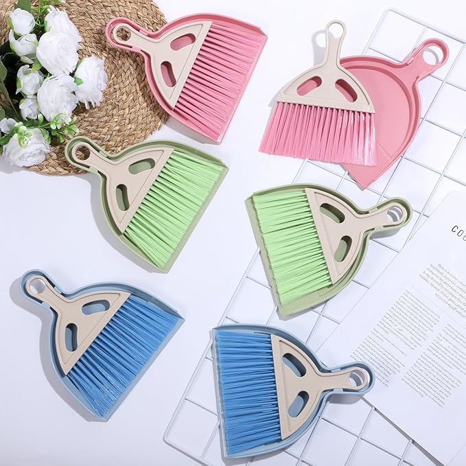 6 Pcs Small Dustpan and Brush Set Small Broom and Dustpan Set Whisk Broom and Dust Pan with Handle Nesting Cleaning Sweep Tool for Desk Car Table Keyboard Pet Nest Countertop