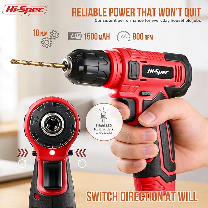 Hi-Spec Tool Set with 8V Cordless Drill Set. Complete DIY Tool Kit with USB Rechargeable Electric Drill Driver for Women and Men, Home Repair & Maintenance, in a Compact Toolbox.