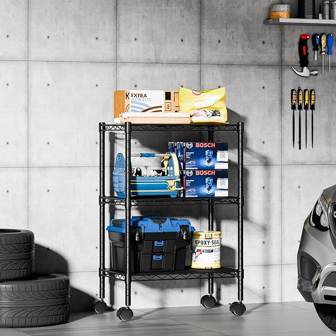 DUMOS Industrial 3 Level Grid Storage Rack ，Mobile Metallic Shelving System with Lockable Wheels， Multi-Purpose Cabinet for Workshop, Culinary Space, Storeroom, Washroom & Restroom Black
