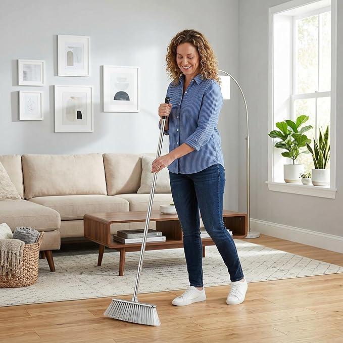 Indoor Soft Bristles Angle Sweeping Broom with Long Handle for Kitchen Hardwood Floor Cleaning (Broom)