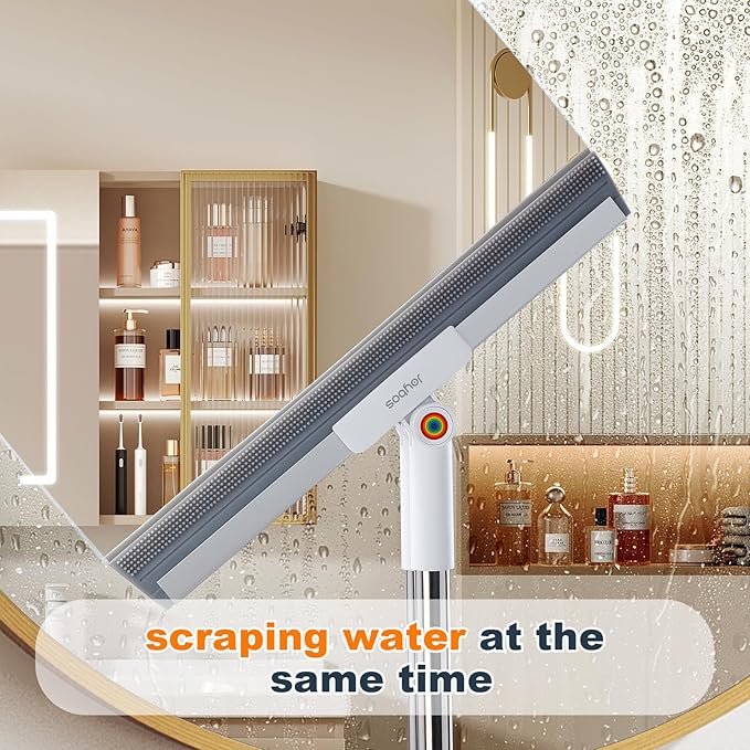 Rubber Squeegee Broom for Floor,Upgrade 62" Long Handle Window Squeegee, 2 Cleaning Cloths, Silicone Pet Hair Remover,Magic Squeegee Broom Removes Water Spots, Stains, Grease, and Glass Surfaces.