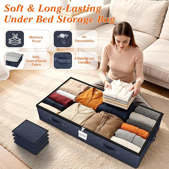 SpaceWhisper 90L Under Bed Storage Containers, 6-Pack Storage Bins with Clear Top, Foldable Closet Organizers and Storage with Label Holder for Clothing, Blankets, Comforter & Pillows(Blue)