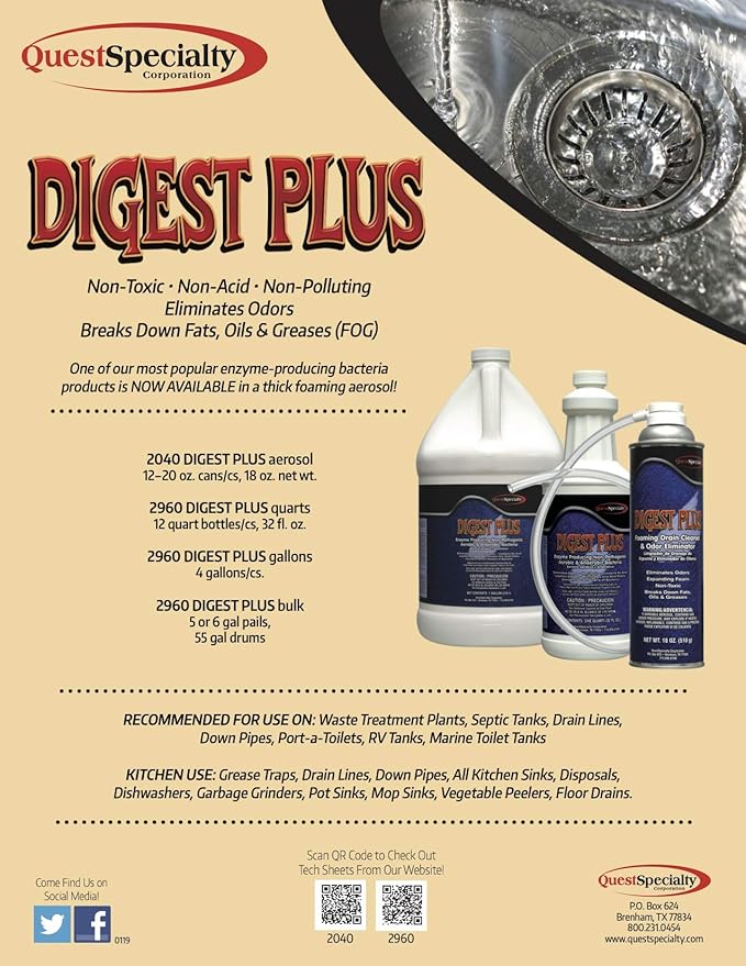 Quest Specialty DIGEST PLUS Foaming Drain Cleaner and Odor Eliminator, 1 count