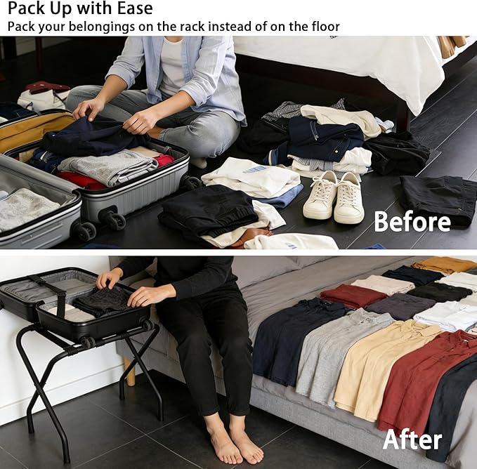 Folding Luggage Rack, Heavy Duty Metal Suitcase Stand with Nylon Straps, Collapsible Luggage Rack for Guest Room Space-Saving Luggage Organizer for Bedroom & Hotel